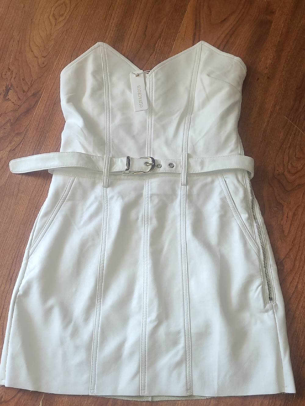 Olivaceous Strapless White Belted Mini Dress